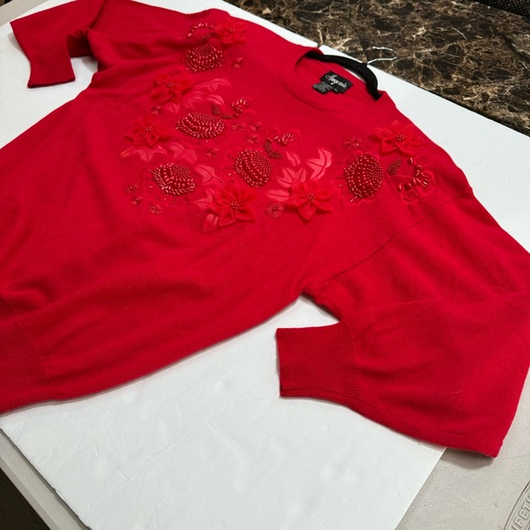 vintage cranberry red embroidered beaded holiday sweater angora wool HONG KONG - Picture 10 of 14